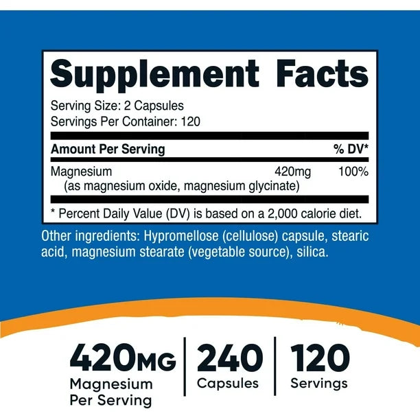 Nutricost Glicinato de Magnesio 420 mg 240 Cápsulas