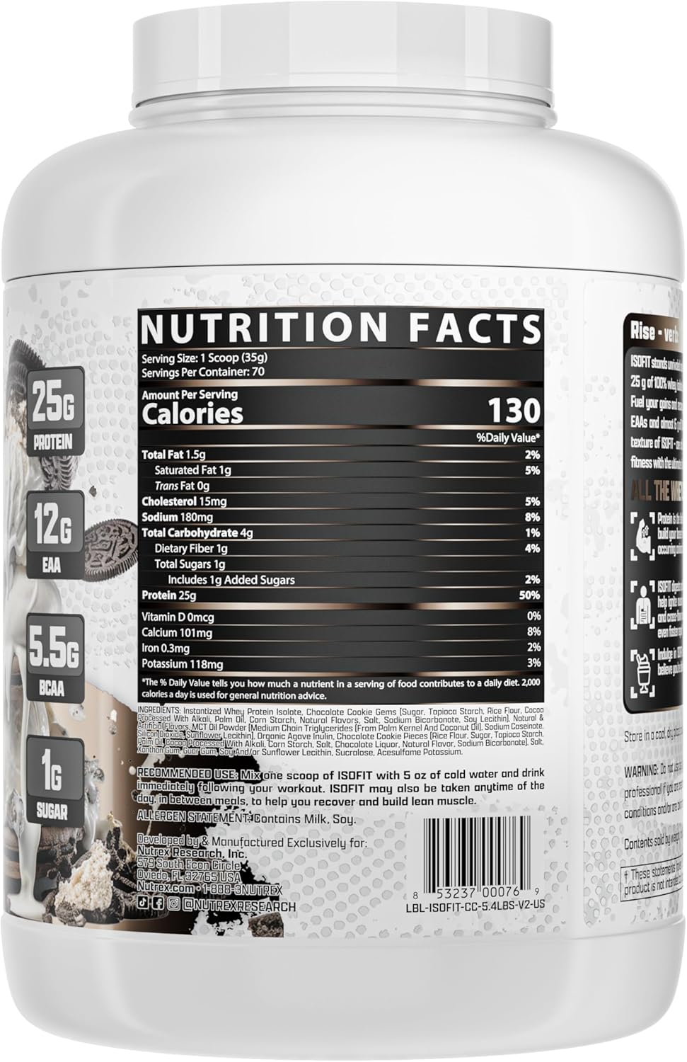 Nutrex Research IsoFit - Proteína de suero en polvo instantánea, 100% aislado de proteína de suero (70 porciones, galletas y crema)